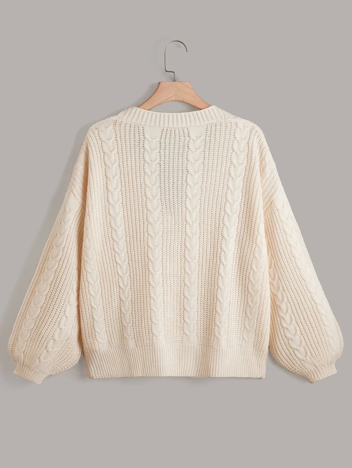 SHEIN LUNE Plus Cable Knit Lantern Sleeve Cardigan | SHEIN