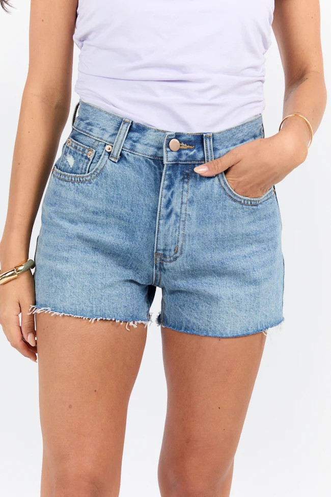 Give It A Go Medium Wash Raw Hem Denim Shorts FINAL SALE | Pink Lily