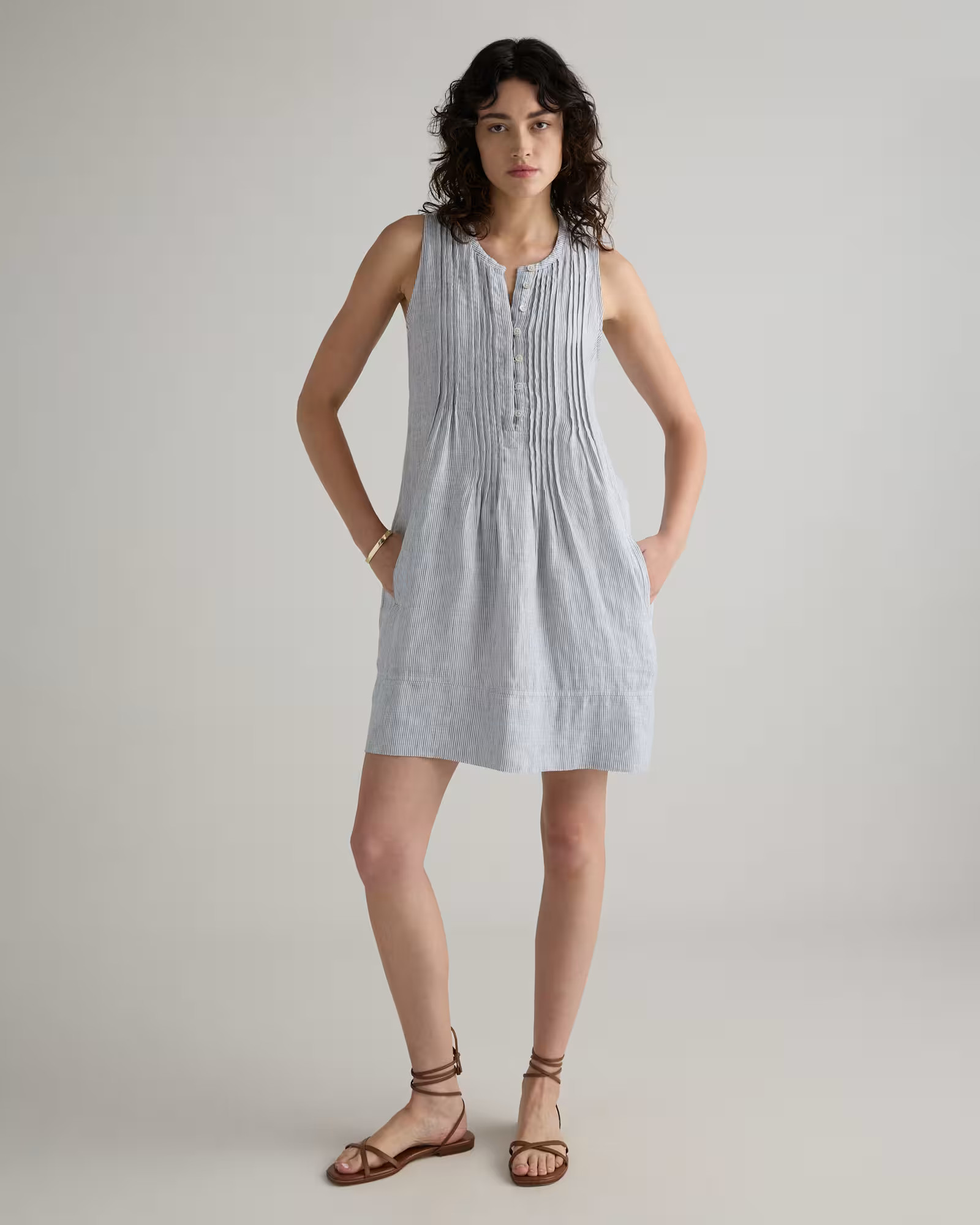 100% European Linen Sleeveless Swing Dress in Blue Pinstripe | Quince