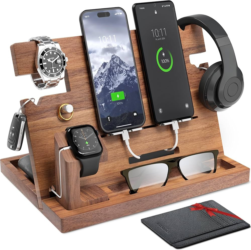 Wooden Docking Station Men, Nightstand Organizer Bundle w/ RFID Blocking Leather Wallet - Chargin... | Amazon (US)