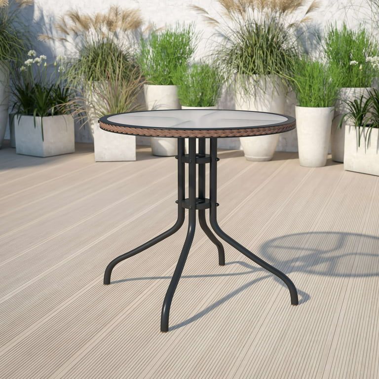 Flash Furniture 28'' Round Tempered Glass Metal Table with Dark Brown Rattan Edging | Walmart (US)