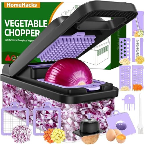HomeHacks Vegetable Chopper Vegetable Cutter, 12 in 1 Kitchen Gadget, Dicer, Slicer, Onion Cutter, Salad, Cheese Grater & Egg Separator - Multi-Functional Veggie Chopper Lid with Handle (Purple) | Amazon (US)