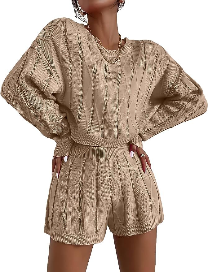 Ekouaer Knit Lounge Sets for Women 2 Piece Cozy Long Sleeve Pullover Sweater Top and Shorts Set S... | Amazon (US)