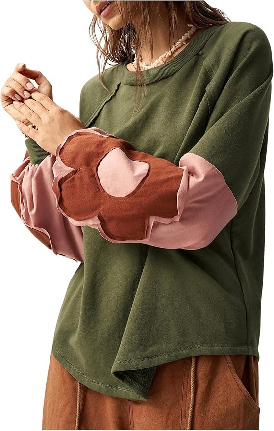 Women's Oversized Sweatshirt Patchwork Crewneck Sweatshirt Floral Boho Long Sleeve Pullover Tops | Amazon (US)
