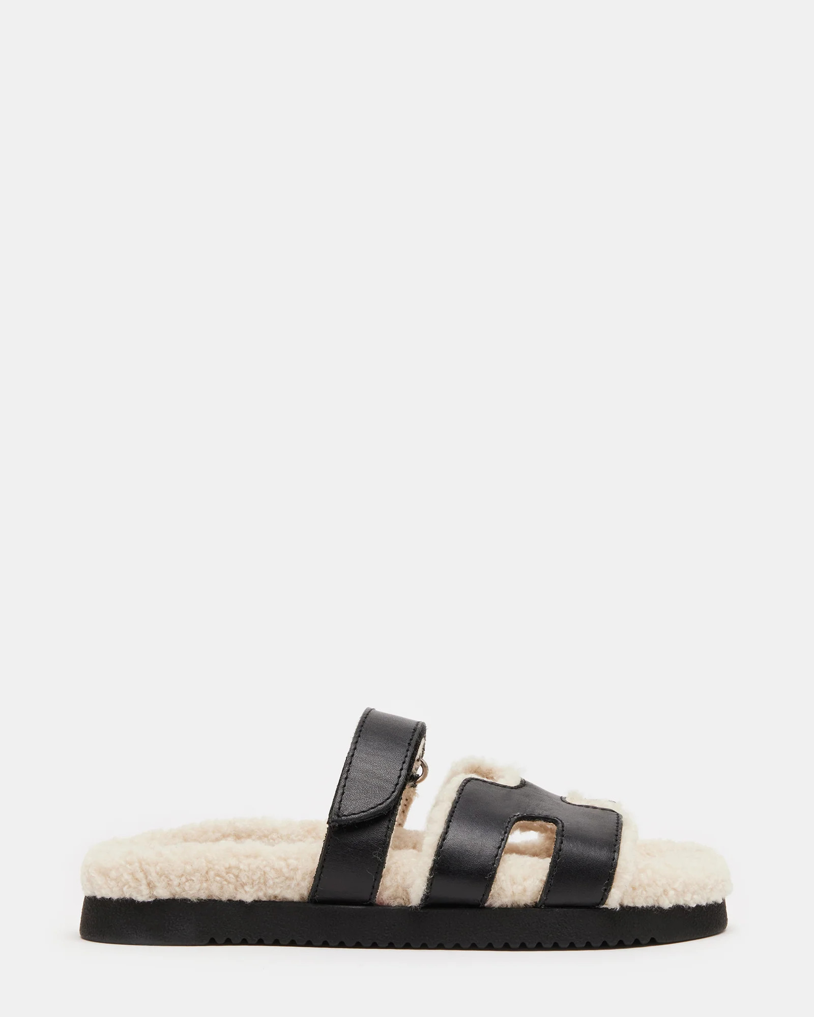 MAYVEN Faux Fur Black Leather Slide | Women's Slip-Ons | Steve Madden (US)