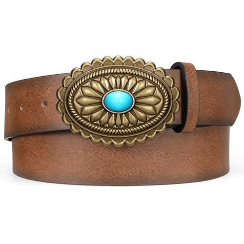 XZQTIVE Women Western Leather Belt Vintage Country Belts For Cowgirl Jeans Dresses Ladies Concho Belt With Turquoise Buckle | Amazon (US)