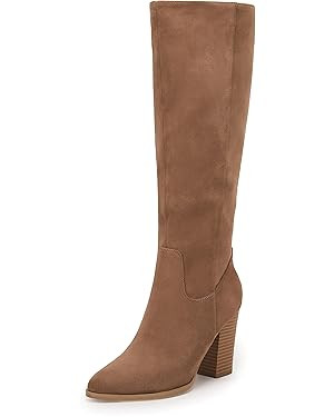 Coutgo Womens Faux Suede Knee High Boots Side Zipper Chunky Heel Stretch Winter Boots | Amazon (US)