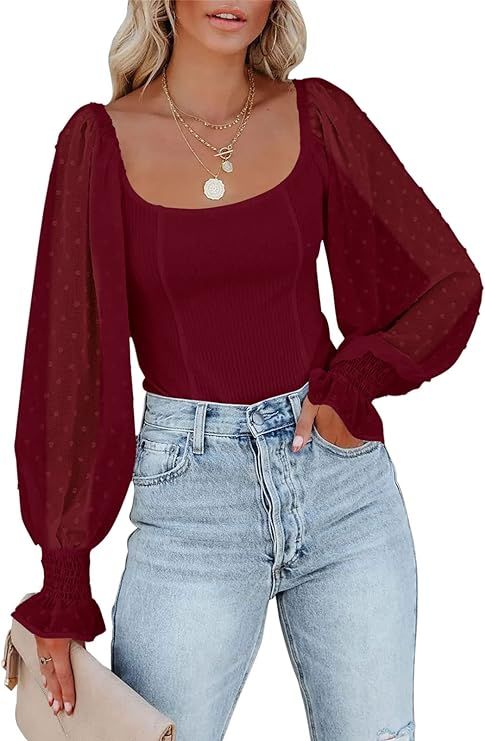 Berryou Bodysuit for Women Scoop Neck Solid Swiss Dot Puff Long Sleeve Ribbed Slim Fit Casual Top... | Amazon (US)