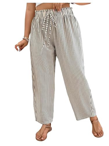 Floerns Women's Plus Size Striped Pants Paperbag Waist Straight Leg Loose Trousers Black and White X-Large Plus | Amazon (US)