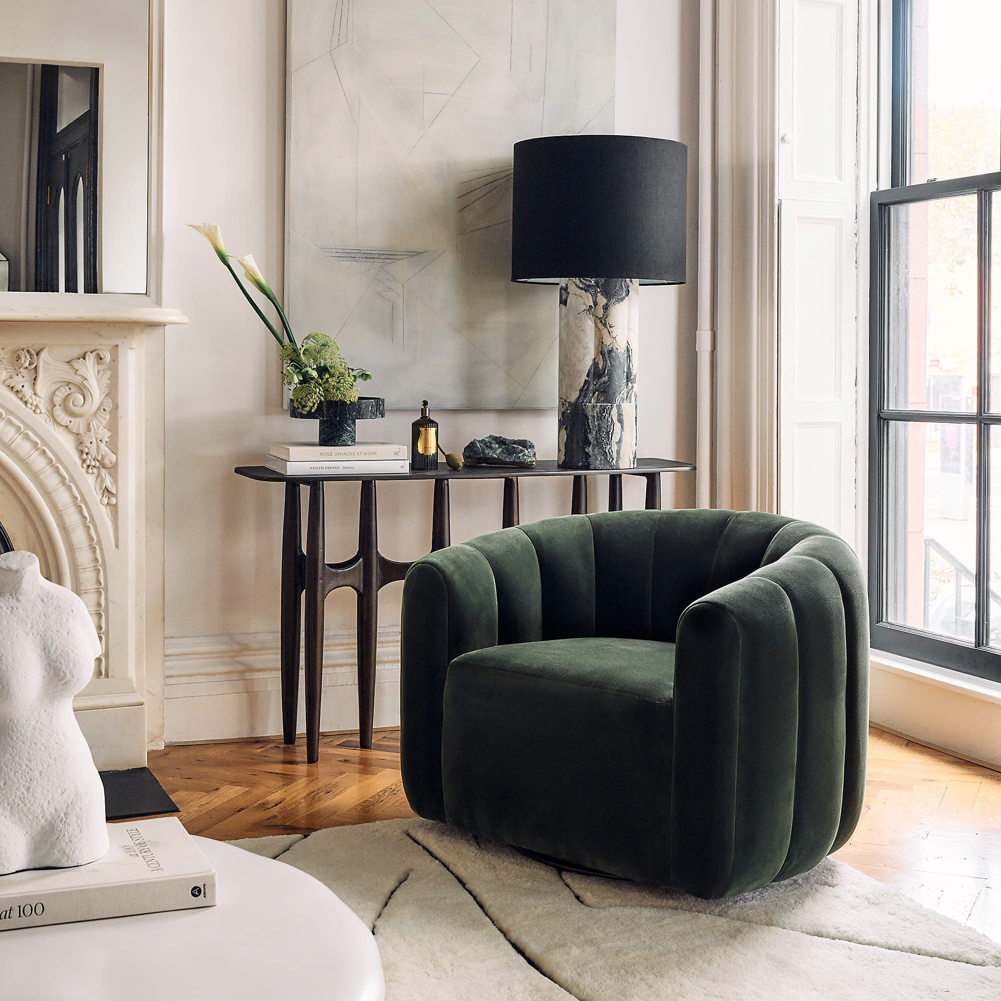 Fitz Modern Channeled Green Velvet Swivel Chair + Reviews | CB2 | CB2