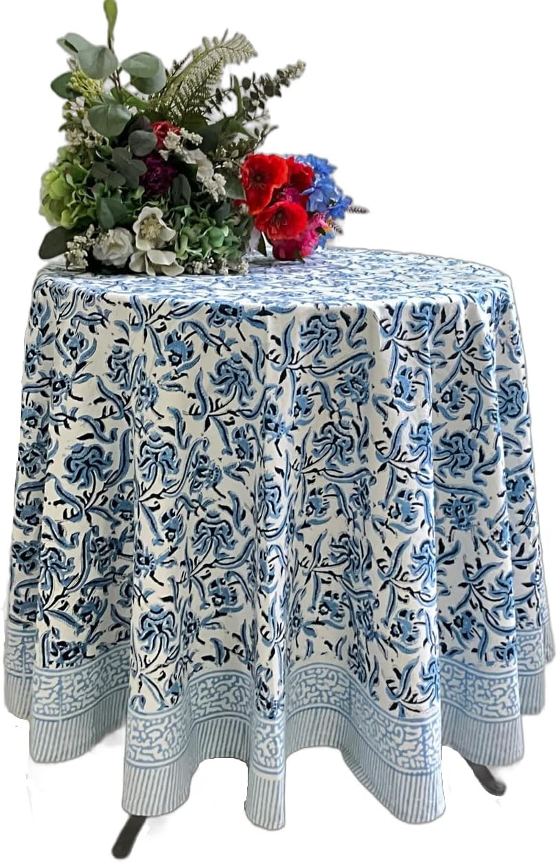 ATOSII Midnight Bloom 100% Cotton Spring Summer Round Tablecloth, Handblock Print Floral Table Cl... | Amazon (US)