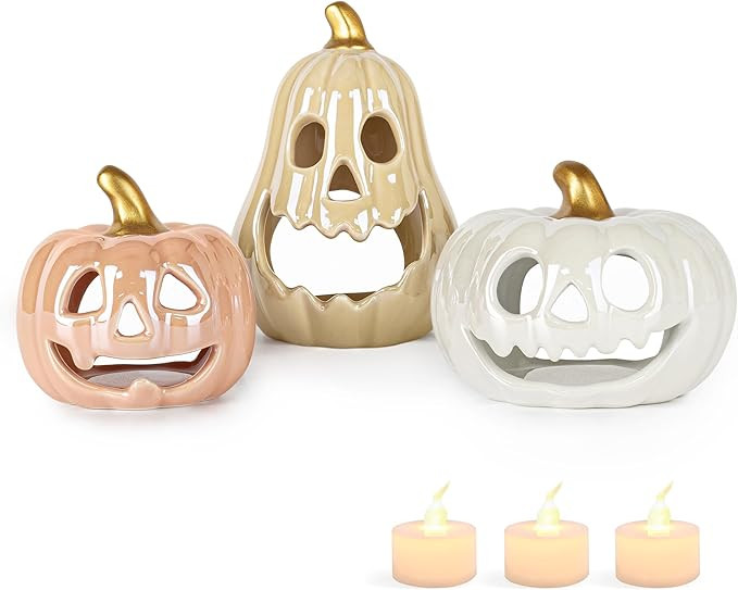 Sunlit Ceramic Pumpkin with 3 Tea Lights, Jack-O-Lantern Candle Holder Set of 3, Tabletop Indoor ... | Amazon (CA)