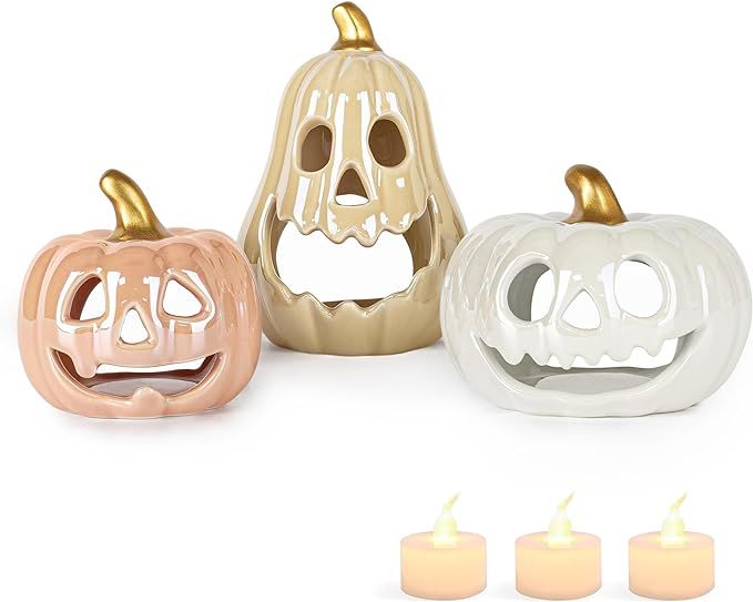 Sunlit Ceramic Pumpkin with 3 Tea Lights, Jack-O-Lantern Candle Holder Set of 3, Tabletop Indoor ... | Amazon (US)