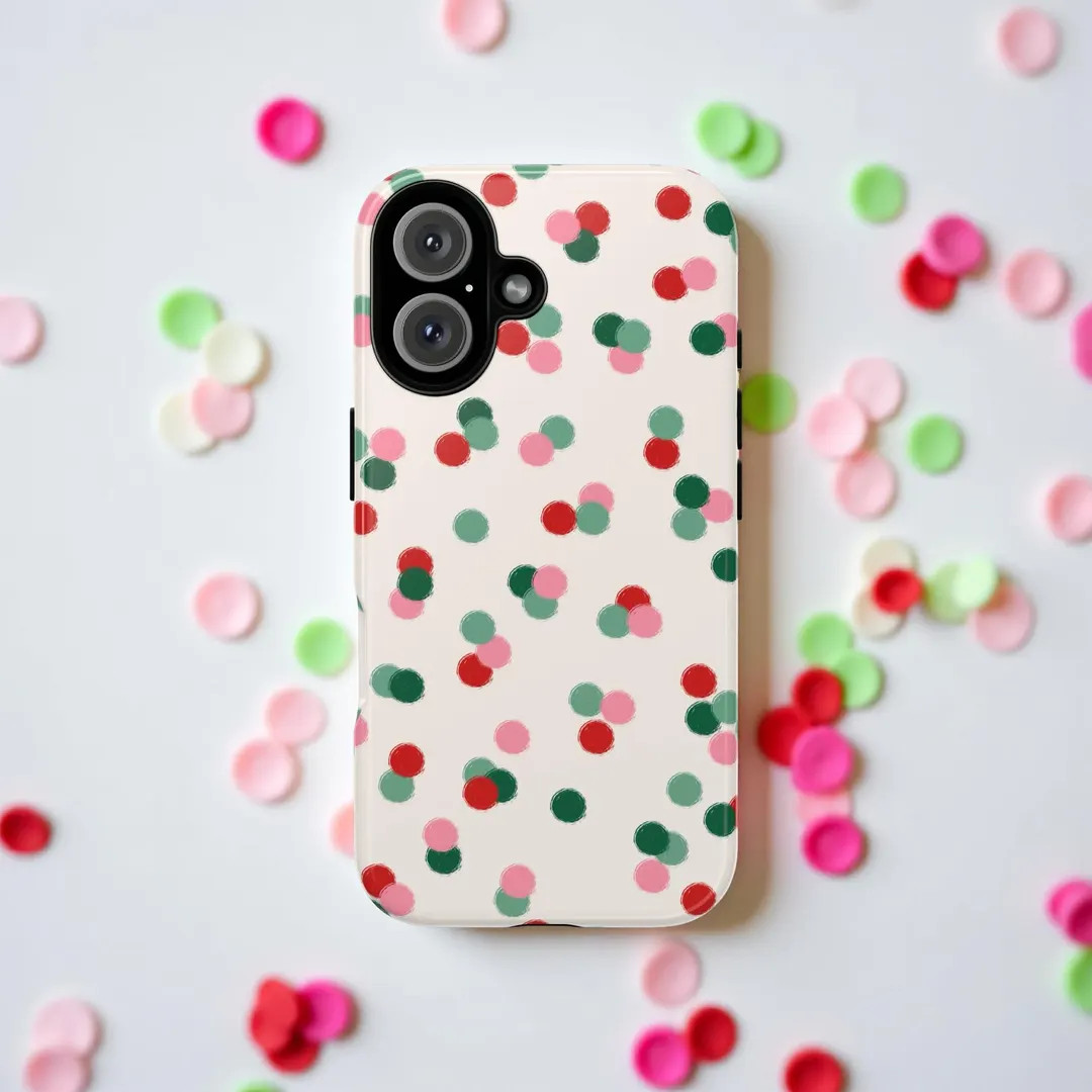 Christmas Confetti iPhone Case Tough Protective Holiday Gift, Red Green Pink Dots, Christmas Phon... | Etsy (US)