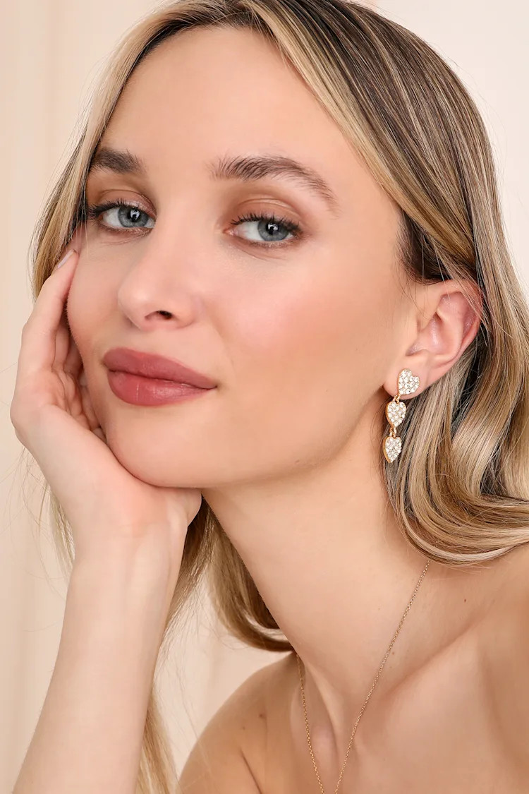 My Amour Gold Rhinestone Heart Drop Earrings | Lulus