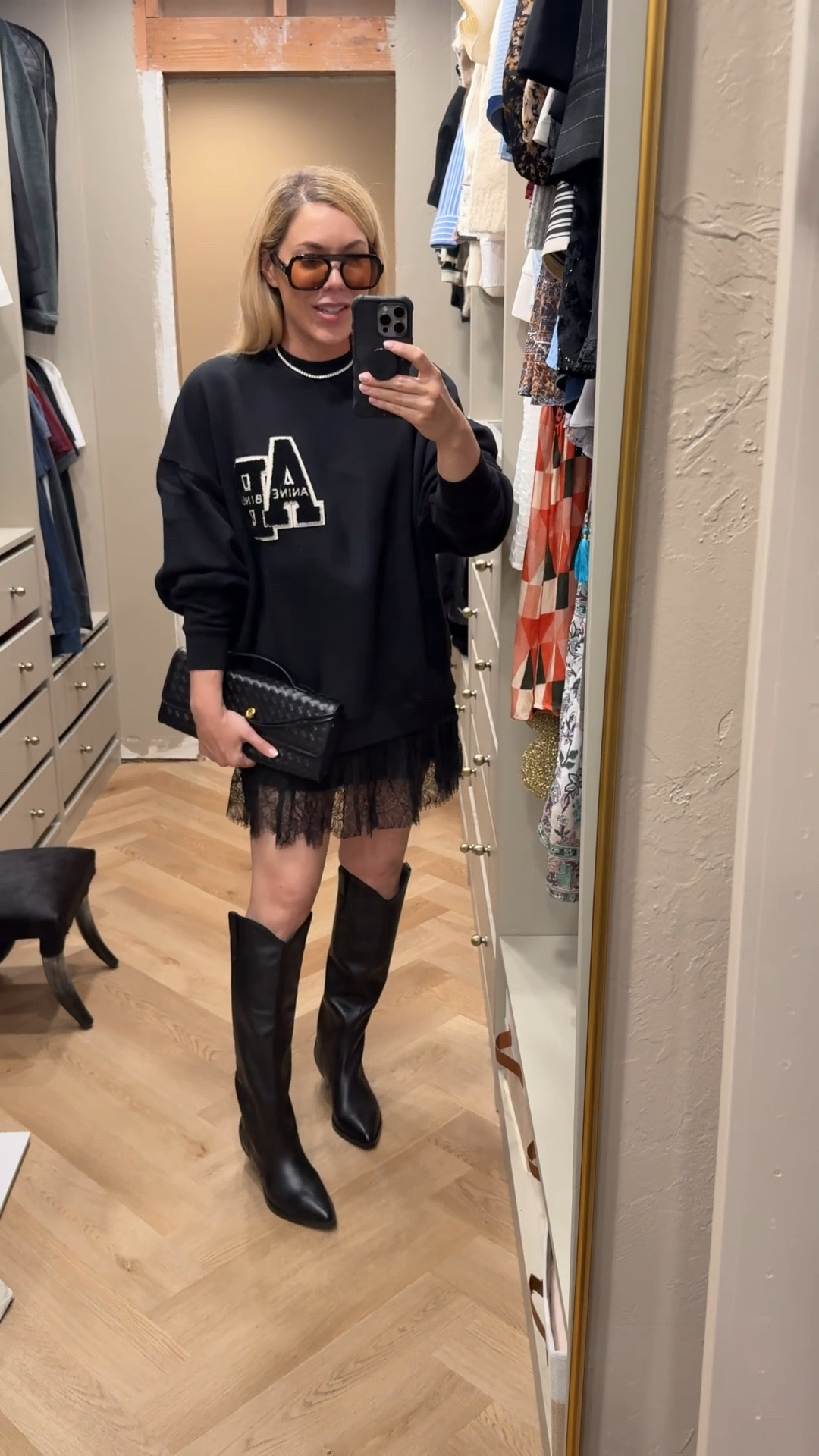 Anine Bing sweatshirt 
Lace skirt
Western boots 

#LTKSeasonal #LTKFindsUnder50