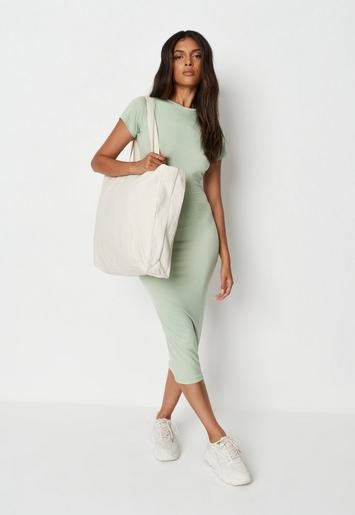 Sage Basic Short Sleeve Crew Neck Midi Dress | Missguided (US & CA)