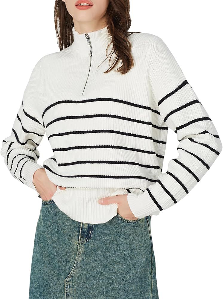 Womens Striped Sweater Oversized Half Zip Pullovers Loose Chunky Knitted Jumpers | Amazon (US)
