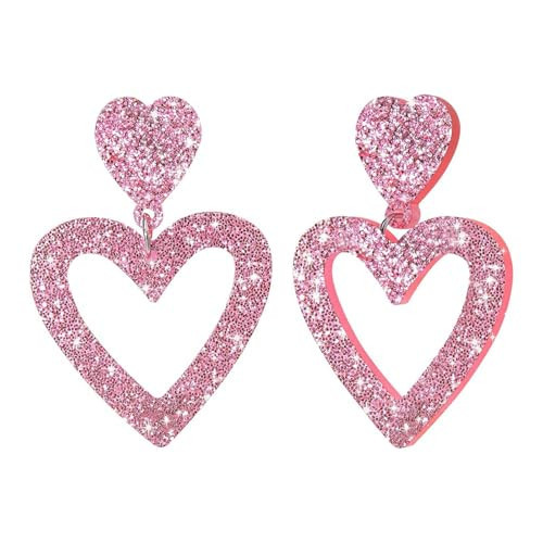 Glitter Heart Earrings - Acrylic Double Heart Dangle Earrings for Women, Sparkly Valentines Day Jewelry Gift for Girlfriend, Wife, Mother, Sister, Cute Romantic Statement Earrings for Daily Wear & Holiday Occasions (PINK) | Amazon (US)