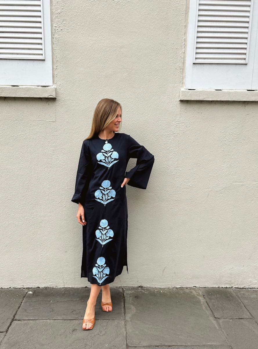 Anne Maxi Dress Long Sleeve Navy with Blue Embroidery | Madison Mathews