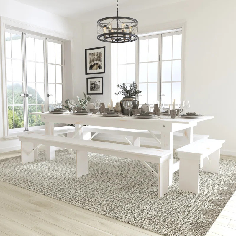 Aleksandra 9' x 40" Antique Rustic Folding Farm Table and Four Bench Set | Wayfair North America