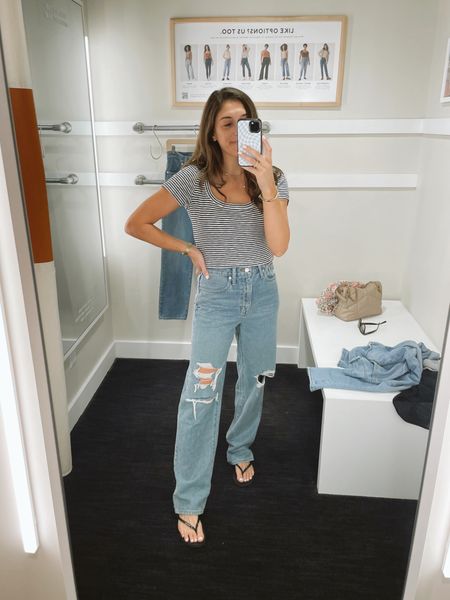 The perfect ripped baggy jean a la Madewell - and 40% off! Also loveee this stripe crop tee.

Shirt: M (sized up for looser fit)
Jean: 25 (sized down)
