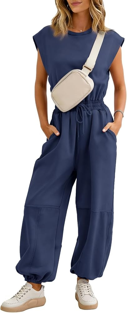 Flygo Womens Casual Jumpsuit Crewneck Cap Sleeve Long Wide Leg Pants One Piece Outfits Drawstring... | Amazon (US)