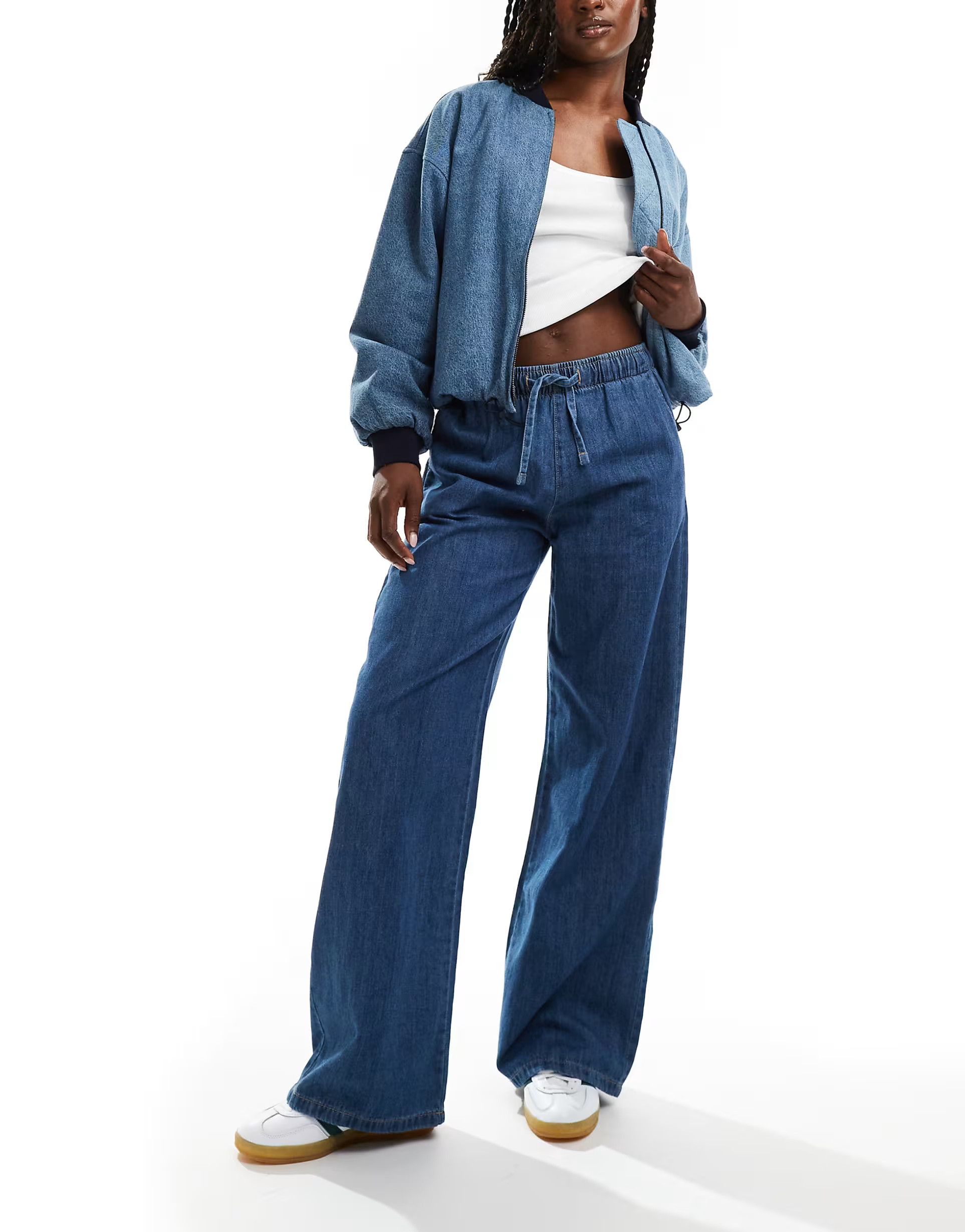 Stradivarius denim pull on trouser in dark blue | ASOS (Global)