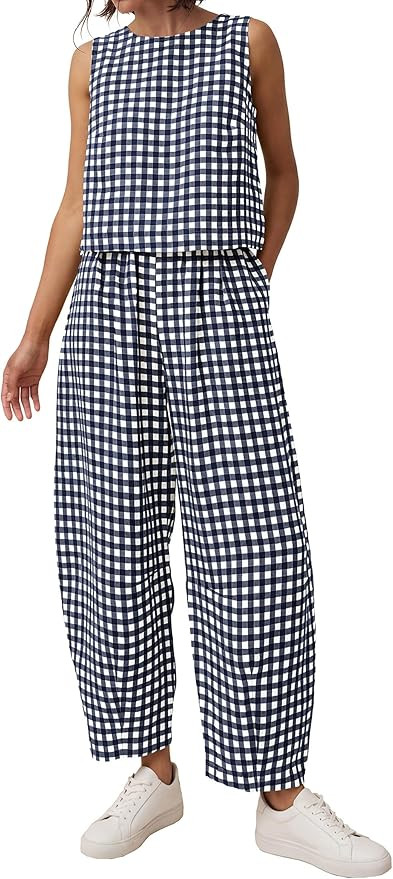 PRETTYGARDEN Womens 2 Piece Sets 2026 Summer Plaid Sleeveless Tops Wide Leg Pants Matching Lounge... | Amazon (US)