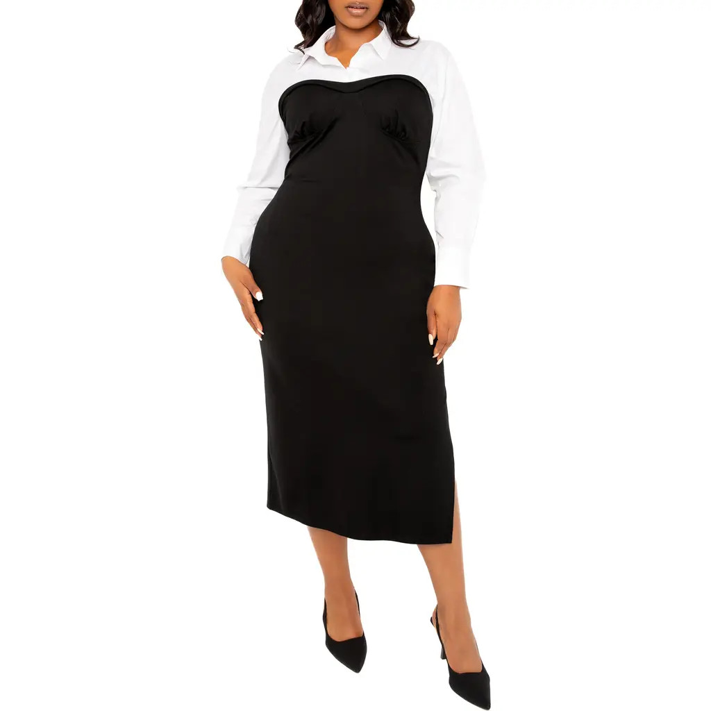 BUXOM COUTURE Contrast Long Sleeve Midi Shirtdress in Black at Nordstrom, Size 1X | Nordstrom