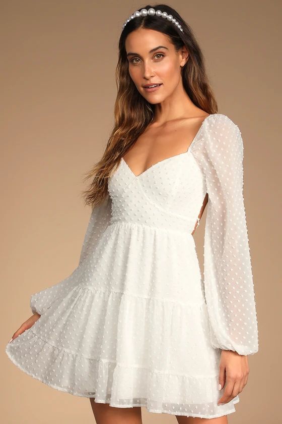 Longing And Love White Swiss Dot Puff Long Sleeve Mini Dress | Lulus