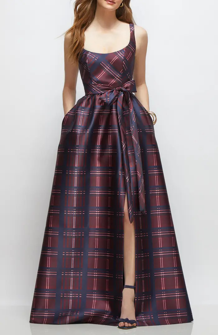 Tartan Tie Waist Sleeveless Satin Gown | Nordstrom