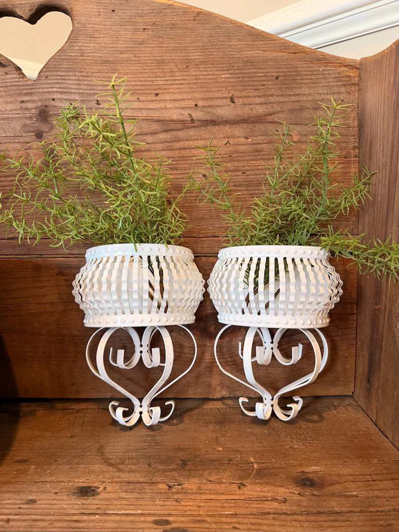 White Metal Vintage Homco Wall Pockets, Planters: Cottage, Farmhouse Wall Decor | Etsy (Global)