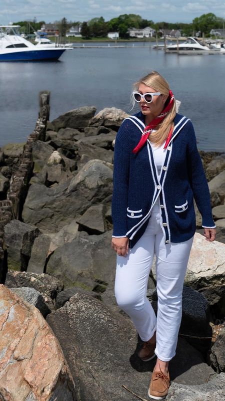 For those breezy days on the coast ❤️ love this sailor cardigan and red scarf. These leather boat shoes are SO COMFY- new favorite find 

#LTKOver40 #LTKMidsize #LTKShoeCrush