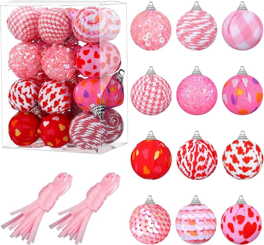 24 Pcs Valentine's Day Balls Ornaments for Tree 30 mm Hanging Glitter Rustic Ball Ornaments for V... | Amazon (US)