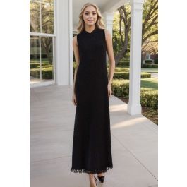 Fringed Texture Knit Sleeveless Maxi Dress in Black | Chicwish