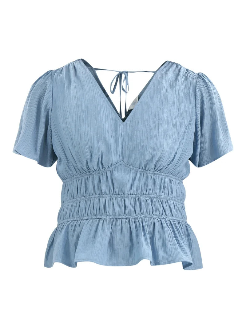 Time and Tru Women's Cinched Waist Peplum Blouse with Flutter Sleeves, Sizes XS-XXXL | Walmart (US)