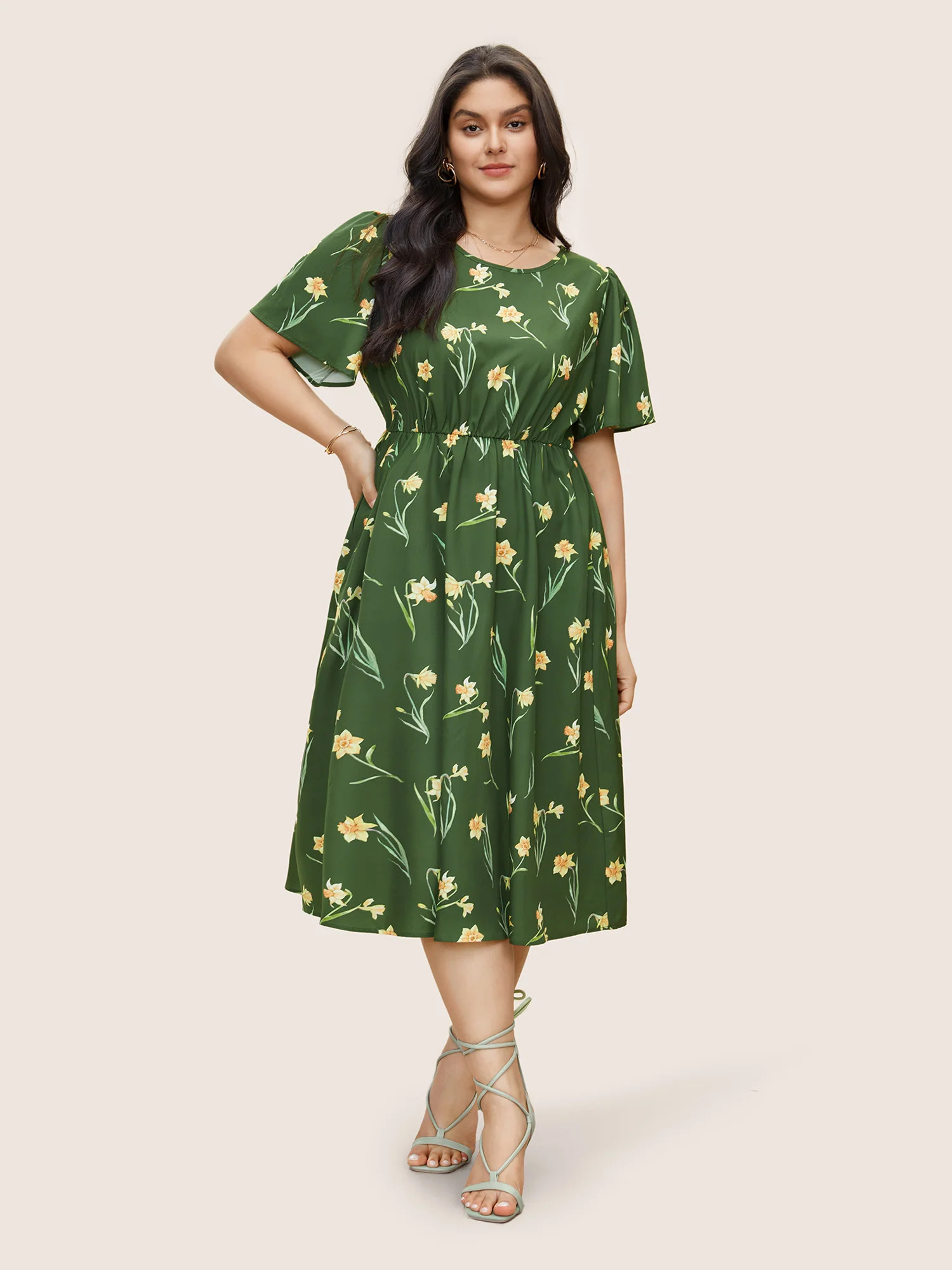 Floral Print Gathered Elastic Waist Midi Dress | Bloomchic