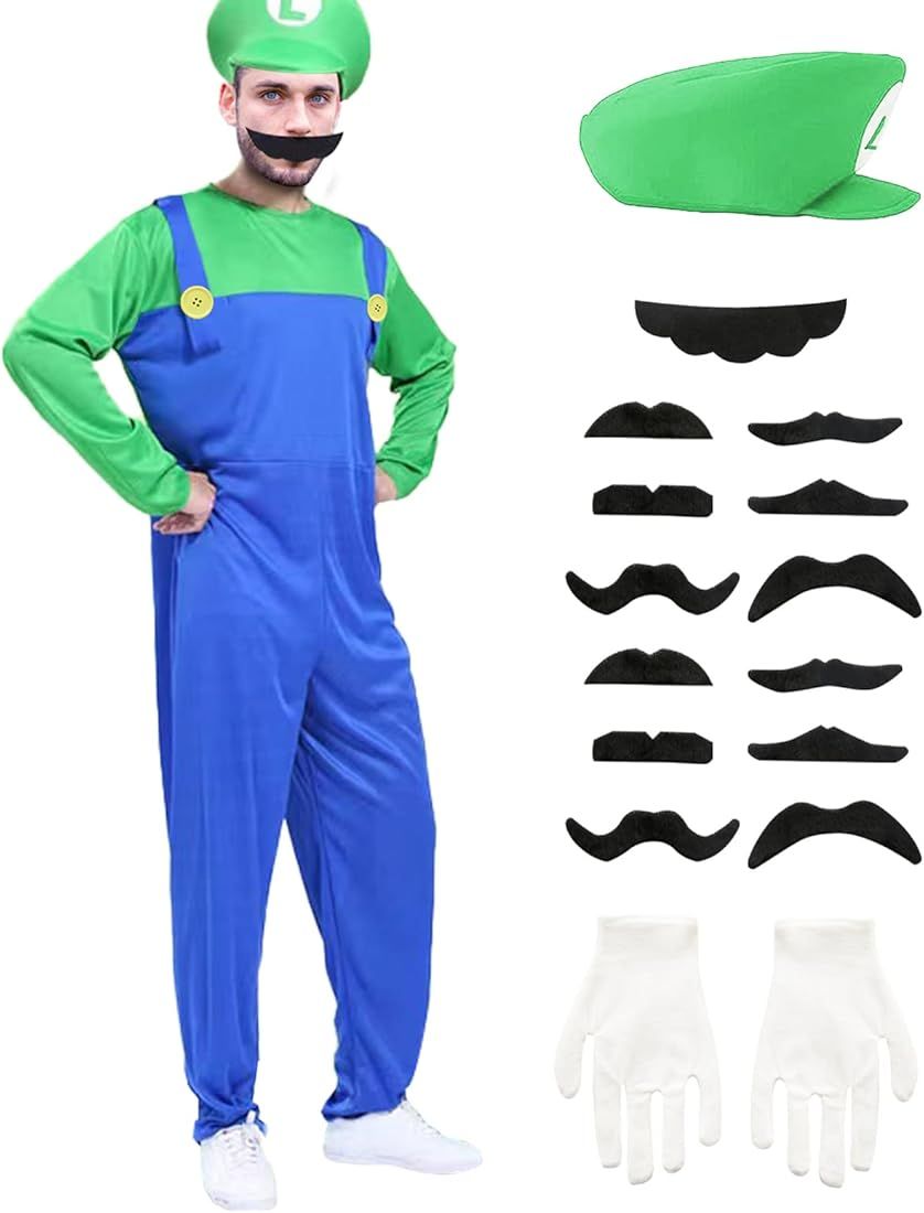 Super Brothers Costume Halloween Plumber Costume Bros Cosplay Jumpsuit with Hat Mustache Gloves | Amazon (US)