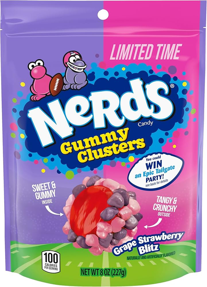 NERDS Gummy Clusters Candy, Grape Strawberry Blitz, Crunchy and Gummy, Game Day Candy, Football P... | Amazon (US)