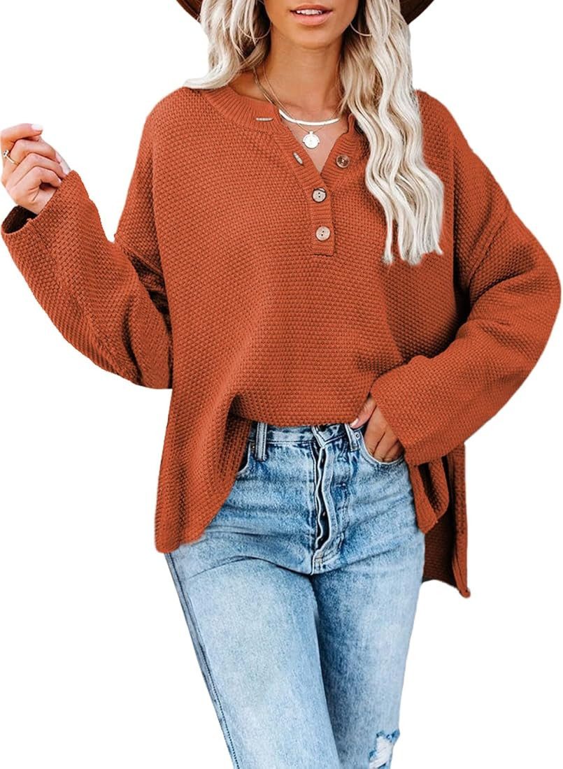 Dokotoo Womens Button V Neck Sweaters Long Sleeve Cable Knit Pullover Sweater Tops | Amazon (US)