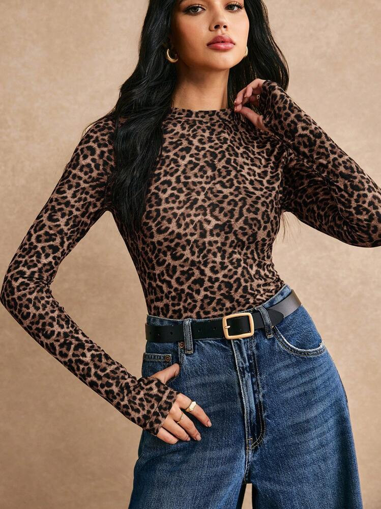 Poéselle Stylish Leopard Print Top: Stretchy Long Sleeve T-Shirt With Thumbholes, Cheetah Design | SHEIN