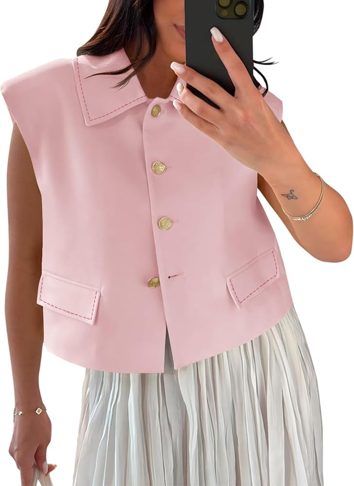 Tankaneo Womens Cropped Suit Vest Tops Cap Sleeve Lapel Collar Button Down Trendy Casual Blazer W... | Amazon (US)