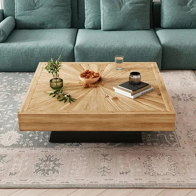 Japandi Square Coffee Table with Wooden Top Black & Natural-Homary | Homary