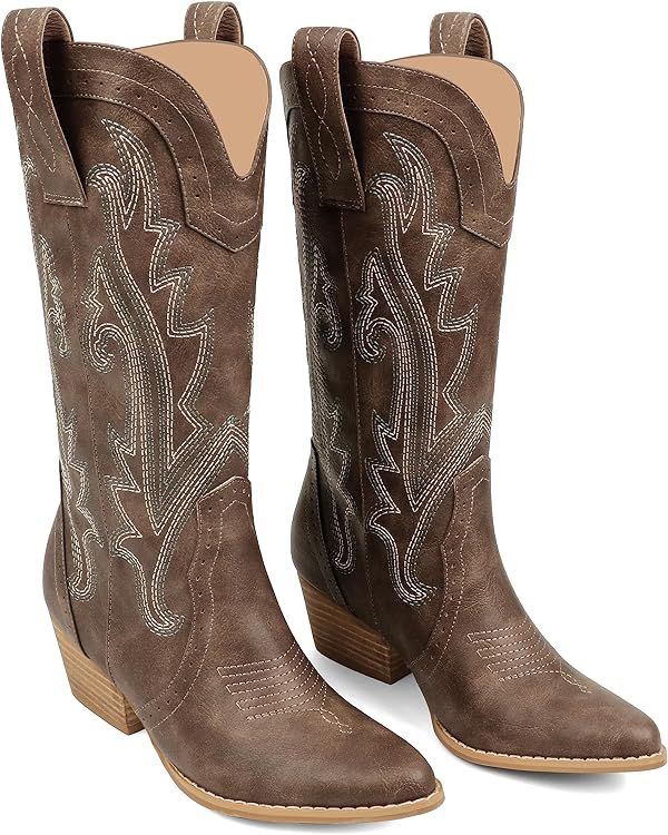 Zzheels Women Mid-calf Cowboy Boots Pointy Toe Boots Embroidered Western Cowgirl Boots Chunky Hee... | Amazon (US)