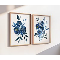Navy Blue Flower Wall Art Floral Bedroom Decor Set Of 2 - Framed, Canvas, Or Art Prints Wc | Etsy (US)