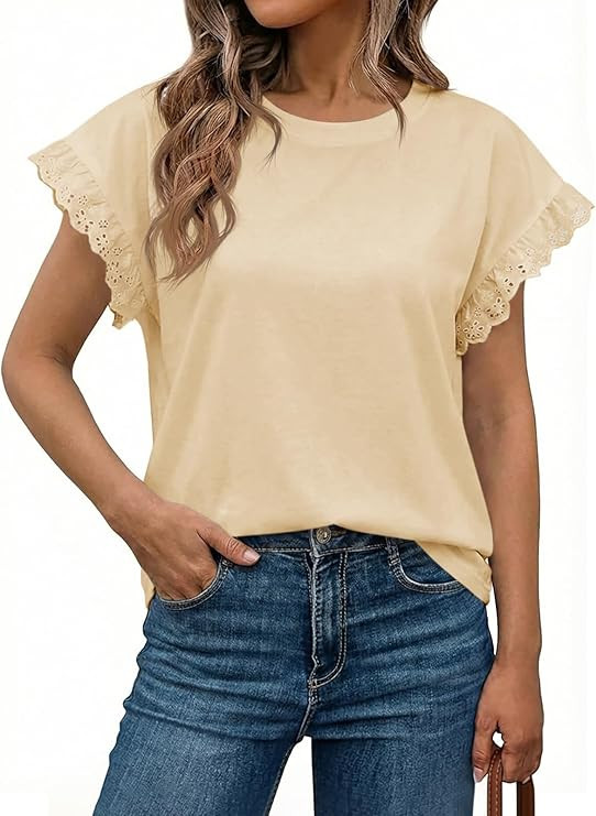 Tankaneo Womens Summer Crewneck T-Shirts Lace Cap Sleeve Tops Dressy Casual Loose Fit Work Basic ... | Amazon (US)