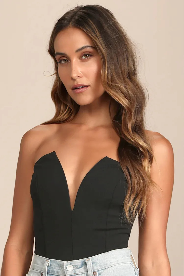 Babe Alert Black Notched Strapless Bodysuit | Lulus