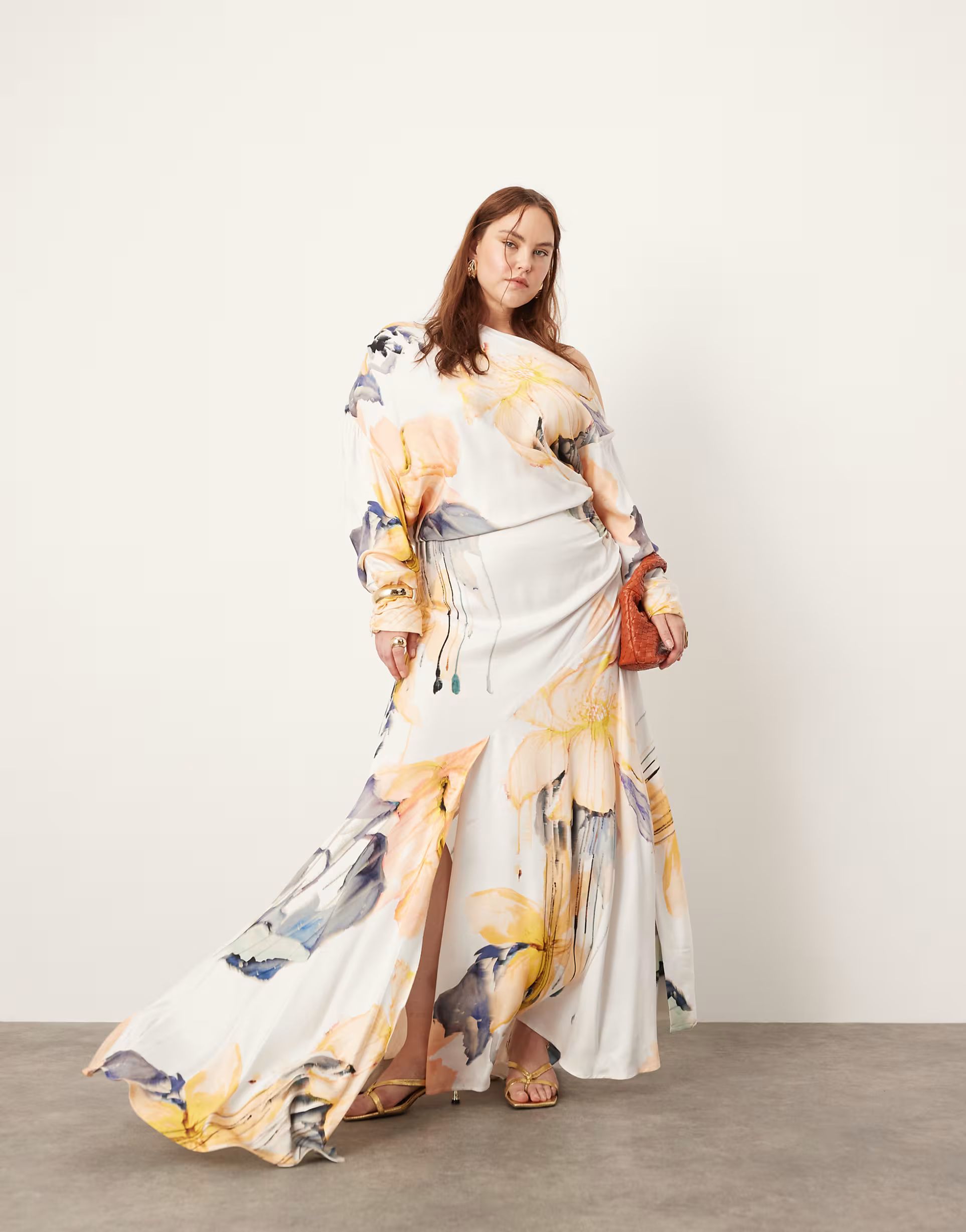 ASOS EDITION Curve fallen shoulder maxi dress in blurred floral print | ASOS (Global)