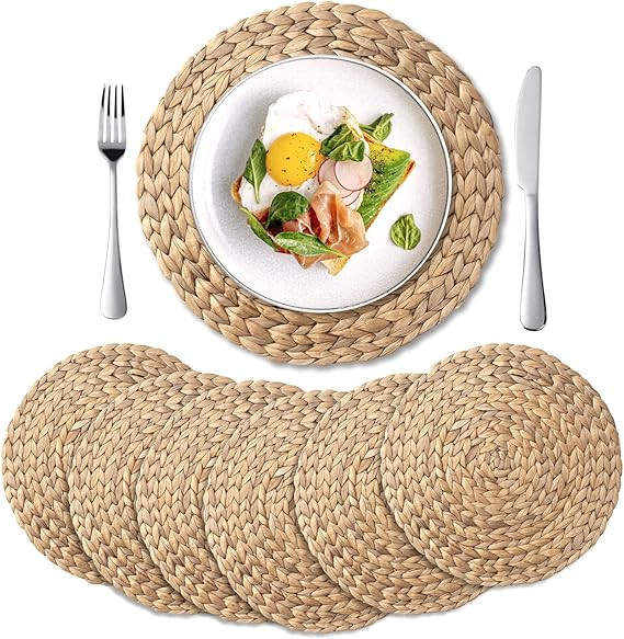 6 Pack, Round Woven Placemats, Natural Water Hyacinth Place mats, Braided Straw Table Mats for Di... | Amazon (US)